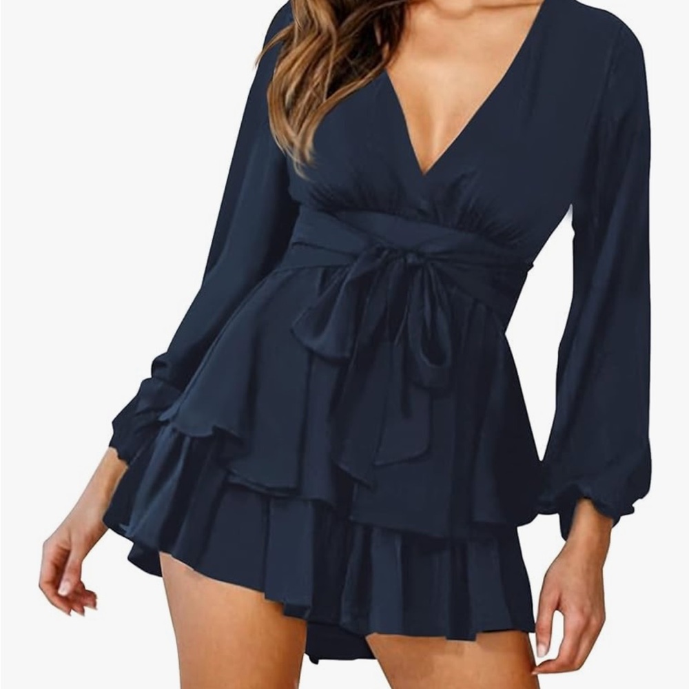 Relipop Women Romper Floral V Neck Baggy Sleeve Waist Tie Short Romper Jumpsuit